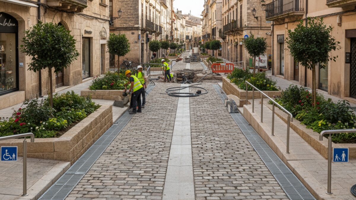 Renovierte Altstadtstraße in Inca mit neuen barrierefreien Pflastersteinen und nachhaltiger Infrastruktur im Rahmen eines EU-finanzierten Projekts