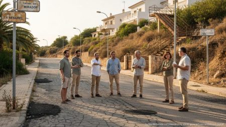 Straße mit vernachlässigter Infrastruktur in der Urbanisation Costa de Canyamel auf Mallorca mit besorgten Bewohnern und beschädigten Straßenschildern