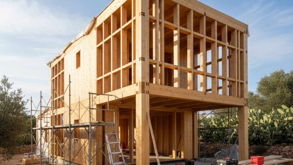 Modulares Holzhaus im Bau auf Mallorca, energieeffiziente und nachhaltige Wohnlösung gegen Wohnungsnot