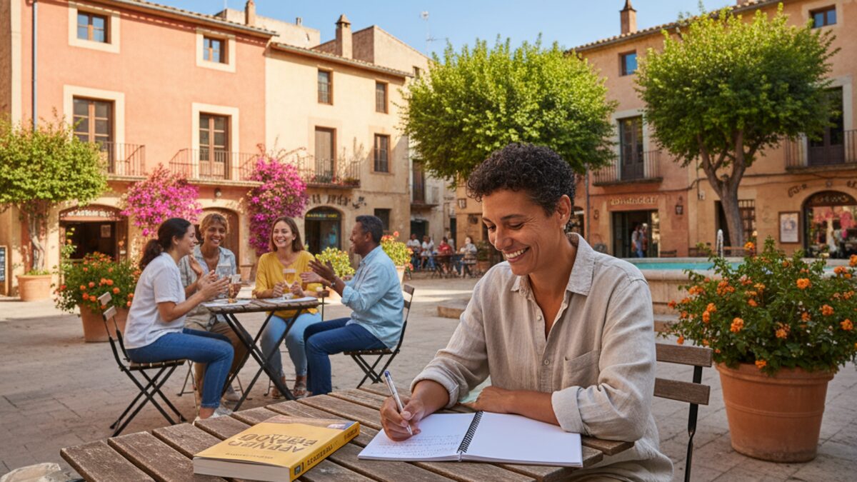 Person lernt Spanisch im Freien auf Mallorca vor traditioneller mediterraner Kulisse als Symbol für Integration durch Sprache