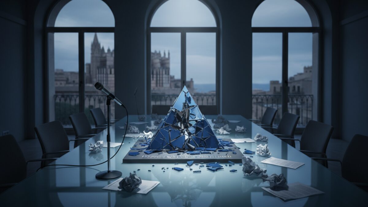 Symbolische Darstellung politischer Spannungen bei Vox auf den Balearen mit zerbrochener Pyramide und Konferenzraum im Hintergrund