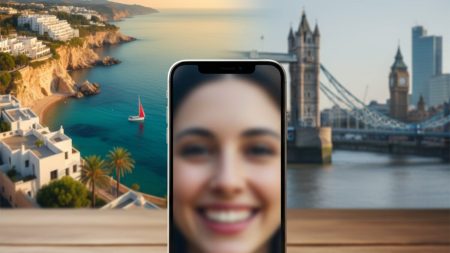 Vermisstes iPhone kehrt von Mallorca nach London zurück Ein iPhone in der Mitte eines Bildes mit verschwommenen Hintergründen von Mittelmeerstrand und Londoner Flussufer, symbolisierend die Rückkehr von Mallorca nach London.