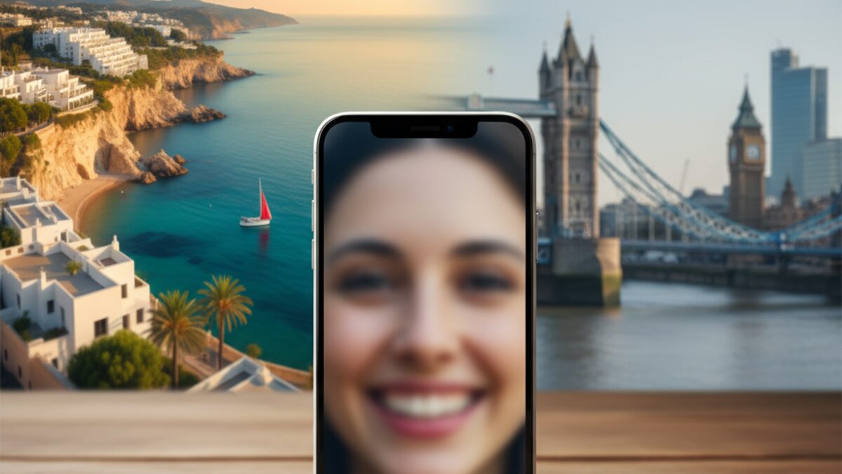 Ein iPhone in der Mitte eines Bildes mit verschwommenen Hintergründen von Mittelmeerstrand und Londoner Flussufer, symbolisierend die Rückkehr von Mallorca nach London.