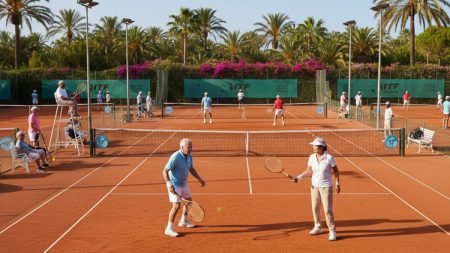 Senioren Tennisspieler verschiedener Altersgruppen spielen auf mehreren Außenplätzen bei sonnigem Wetter während des ITF-Seniorenturniers auf Mallorca mit Teilnehmerrekord