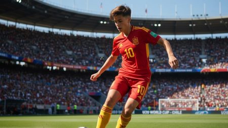 Junger Fußballspieler der spanischen U20-Nationalmannschaft in Aktion bei einem Spiel in einem großen Stadion