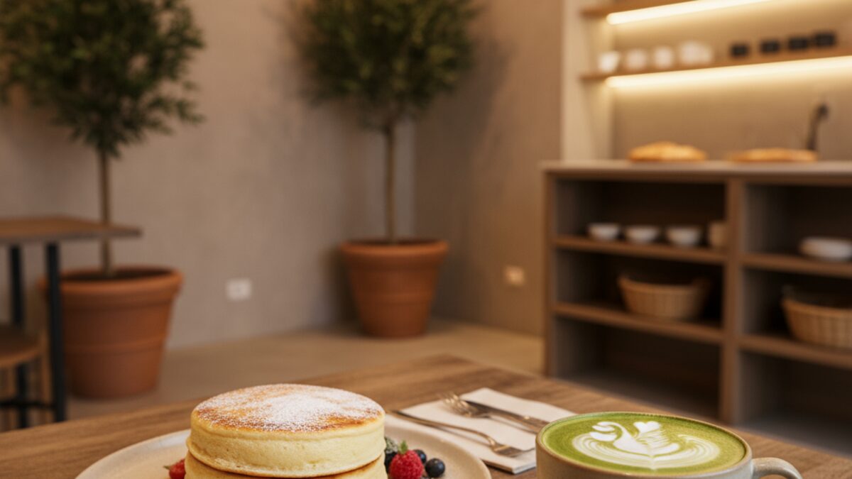 Japanische Soufflé-Pancakes mit Matcha-Latte im Café Fluffy in Palma de Mallorca auf einem Holztisch, weiche, luftige Textur und warme Atmosphäre