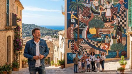 Joan Aguiló: Mallorcas Kunst und Identität im Fokus Joan Aguiló vor einem farbenfrohen Wandgemälde auf Mallorca, das die kulturelle Identität der Insel darstellt