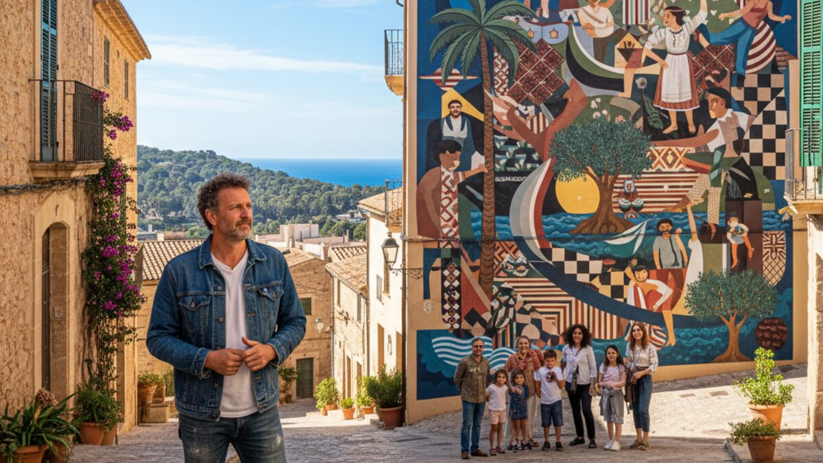 Joan Aguiló vor einem farbenfrohen Wandgemälde auf Mallorca, das die kulturelle Identität der Insel darstellt