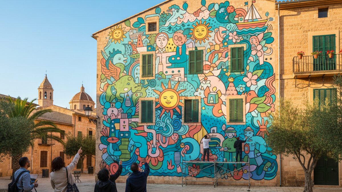 Großflächiges Urban Art Wandbild in Mallorca inspiriert von Joan Aguiló mit Künstlern und Besuchern in mediterranem Stadtbild
