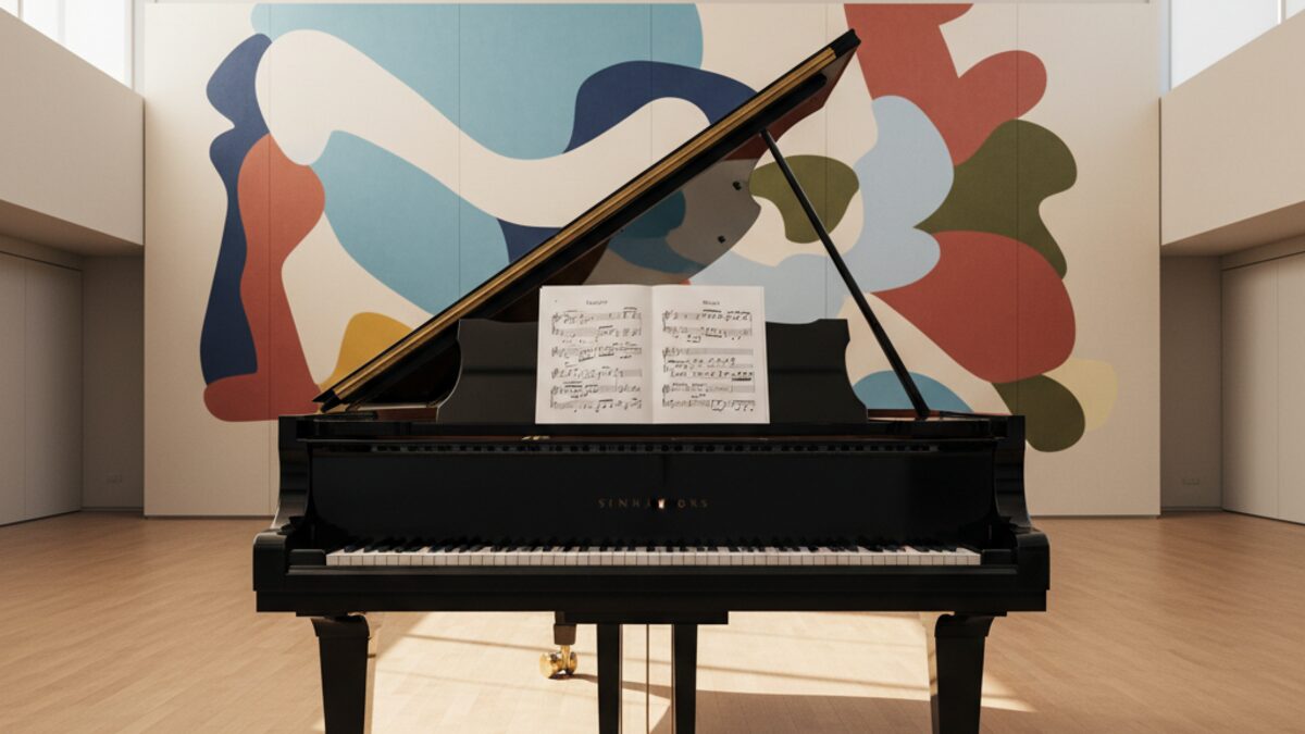 Konzertflügel auf Bühne in der Fundación Miró auf Mallorca mit Noten von Mozart und Ravel, inspiriert von Joan Miró