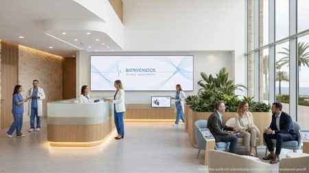 Modernes Empfangsbereich von Juaneda Hospitales auf Mallorca mit freundlichem Personal und moderner Technologie, symbolisiert patientenorientierte und technologische Gesundheitsversorgung