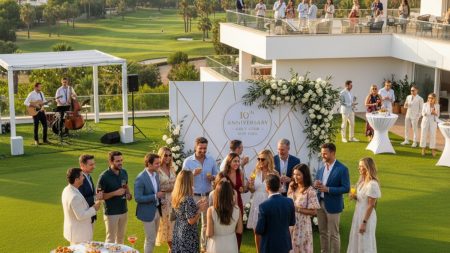 Gäste feiern das zehnjährige Jubiläum des T Golf Calvià auf Mallorca bei elegantem Empfang mit Champagner und Gourmet-Snacks auf der Clubhaus-Terrasse