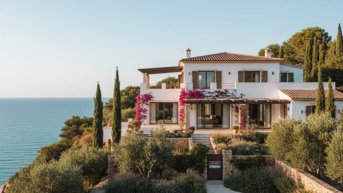 Mediterrane Villa auf Mallorca mit Meeresblick und klar blauem Himmel, symbolisch für Immobilienverkauf von Jürgen Drews