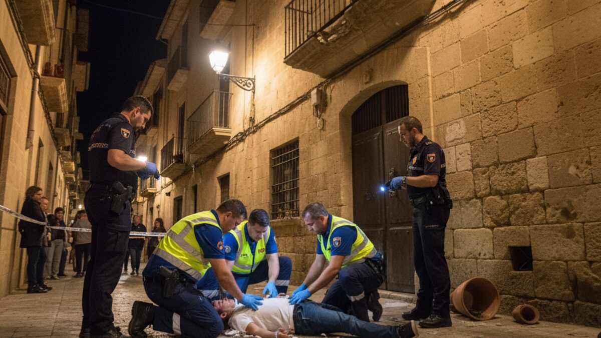Notfallteam versorgt jungen Mann nach Balkonsturz in Palma bei Nacht, Rettungskräfte im Einsatz auf städtischer Straße