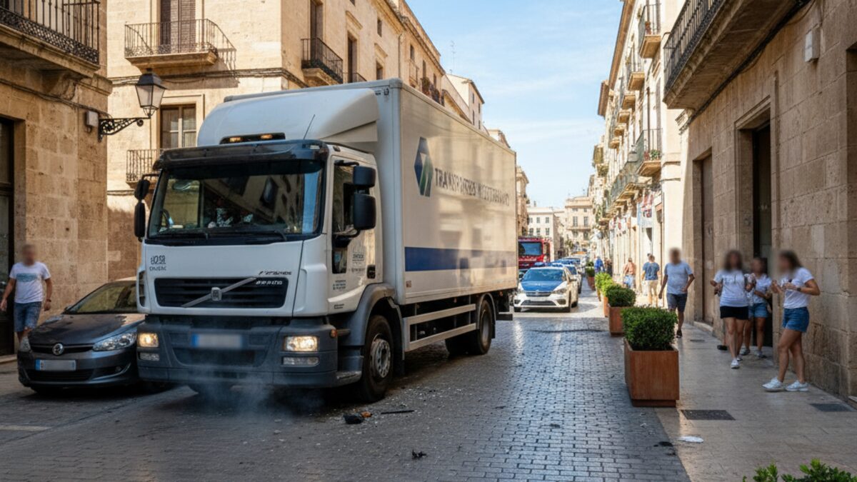 Gestohlener Lastwagen fährt in falscher Richtung durch eine Straße in Palma de Mallorca und verursacht Schäden an geparkten Autos