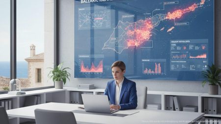 Regierungsbüro auf den Balearen mit einem Beamten, der digitale Karten und Daten zur Bekämpfung illegaler Ferienvermietungen prüft