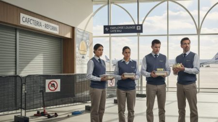 Besorgte Flughafenmitarbeiter am Flughafen Palma de Mallorca mit selbstmitgebrachten Lunchpaketen vor einer geschlossenen Kantine unter Renovierung