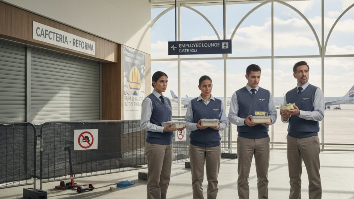 Besorgte Flughafenmitarbeiter am Flughafen Palma de Mallorca mit selbstmitgebrachten Lunchpaketen vor einer geschlossenen Kantine unter Renovierung