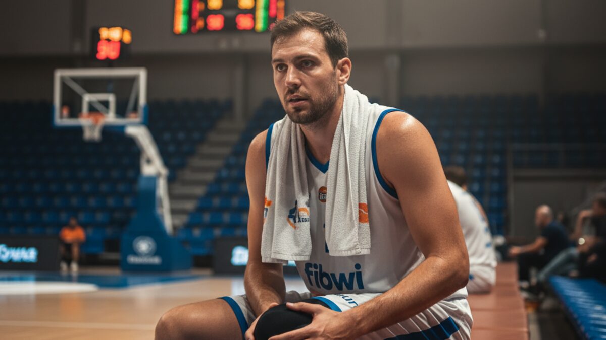 Basketballspieler Xabi Beraza von Fibwi Mallorca Bàsquet Palma sitzt verletzt auf der Bank und hält sein rechtes Knie im Basketballarena, Trainingsspiel