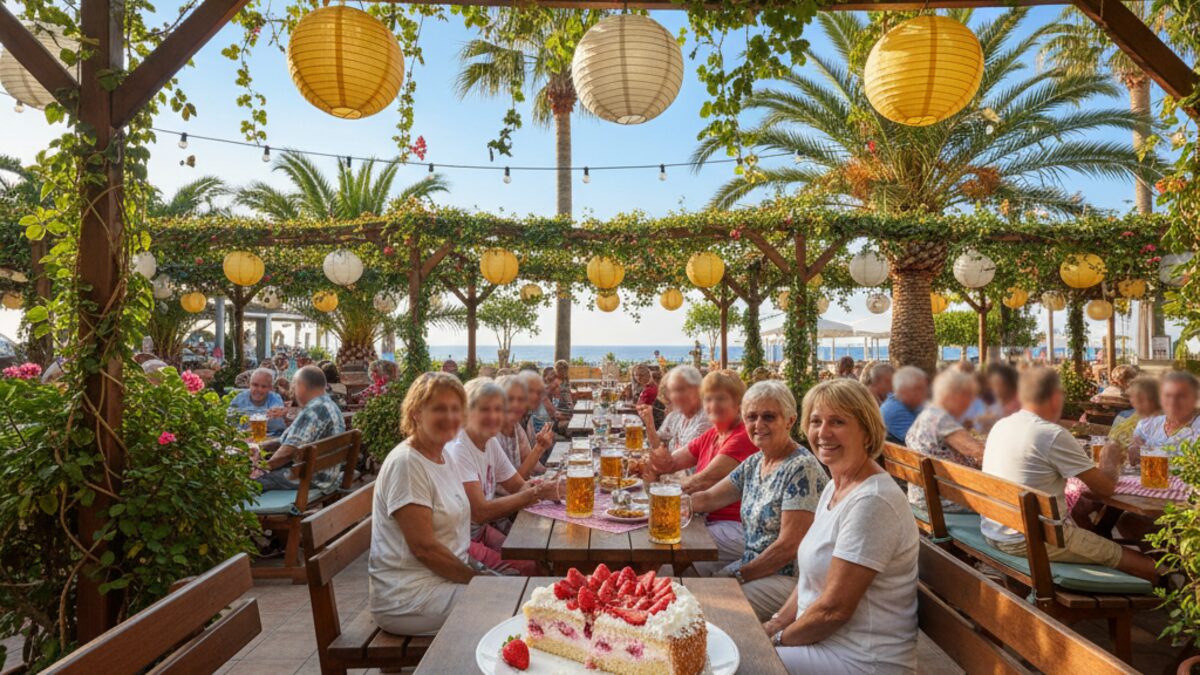 Traditioneller Biergarten König Garten in Cala Ratjada auf Mallorca mit Erdbeerkuchen und einladender mediterraner Atmosphäre