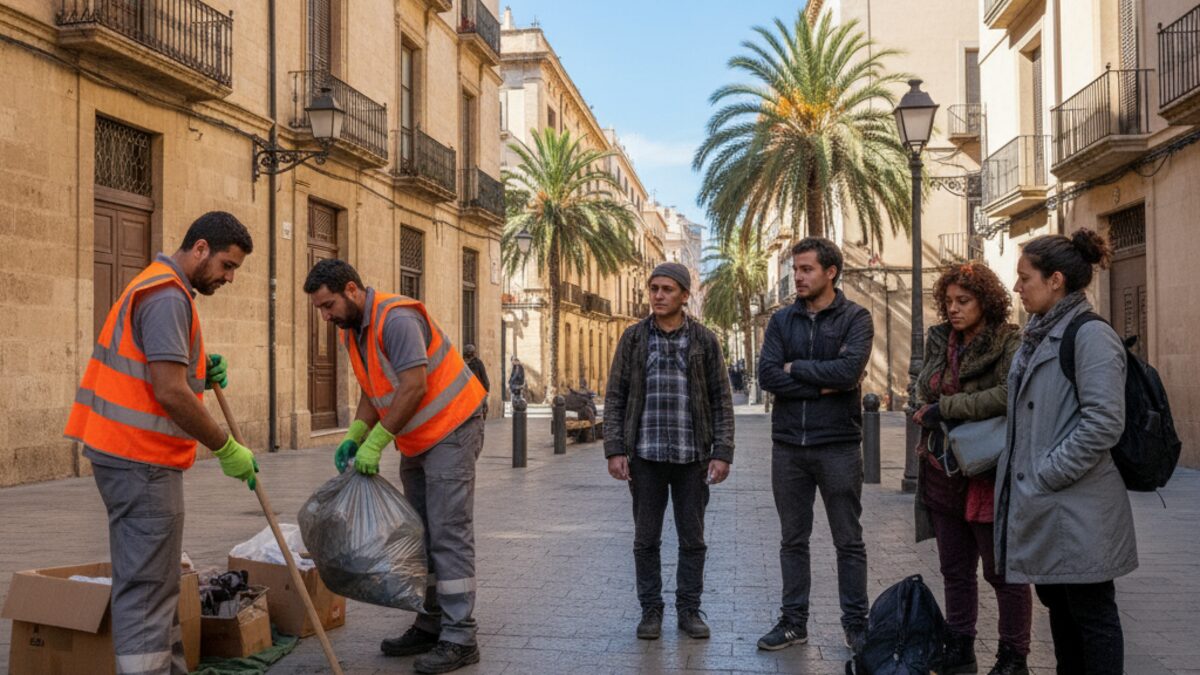 Städtische Arbeiter entfernen Abfälle im Viertel Casal de Can Alonso in Palma de Mallorca während eine Gruppe obdachloser Menschen in der Nähe steht