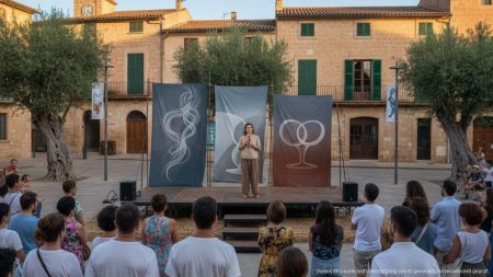 Künstler auf einer Bühne bei einem kulturellen Event in Algaida, Mallorca, mit Publikum und mediterraner Kulisse