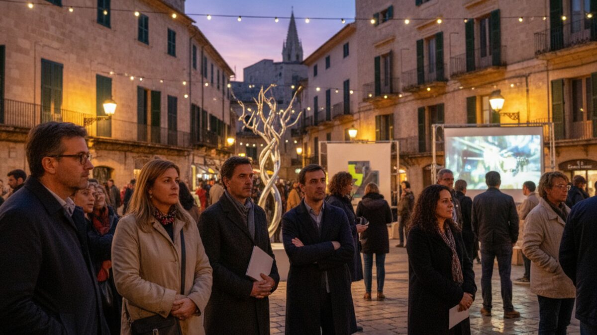 Abendliche Kunstnacht in Palma de Mallorca mit zeitgenössischer Kunstinstallation und urbaner Szenerie, die kontroverse Diskussionen um Zensur widerspiegelt