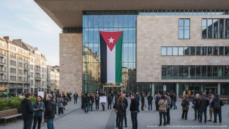 Die palästinensische Flagge weht vor dem Rathaus von Manacor während einer friedlichen politischen Demonstration.