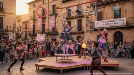 Kreativität auf Mallorca: Das Bühnenkunstfestival Ciclop in Sineu Lebendige Theater- und Zirkusdarbietung beim Ciclop Bühnenkunstfestival in Sineu auf Mallorca vor historischer Kulisse