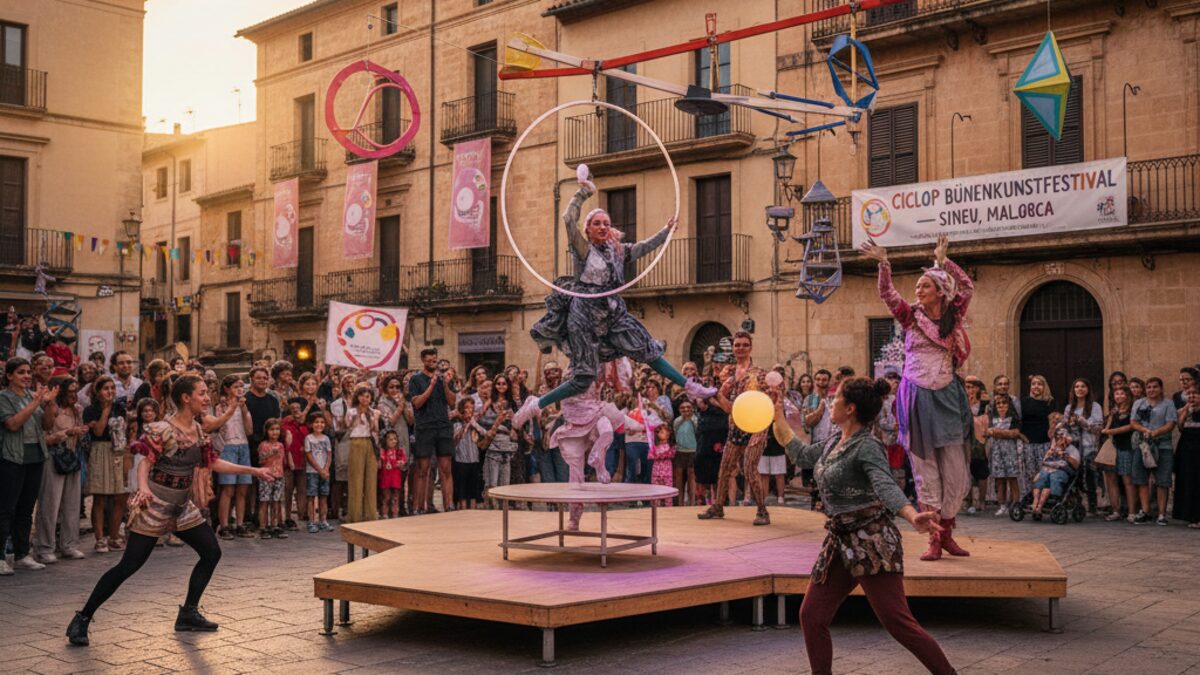 Lebendige Theater- und Zirkusdarbietung beim Ciclop Bühnenkunstfestival in Sineu auf Mallorca vor historischer Kulisse