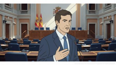 Politische Krise bei Vox auf den Balearen mit Sitzungssaal und Redner vor balearischer Flagge