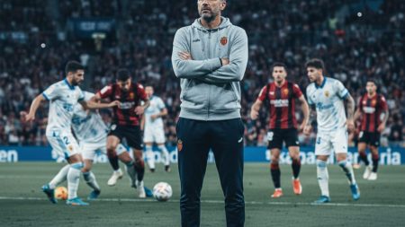 Der besorgte Trainer von Real Mallorca während eines intensiven Fußballspiels unter Druck