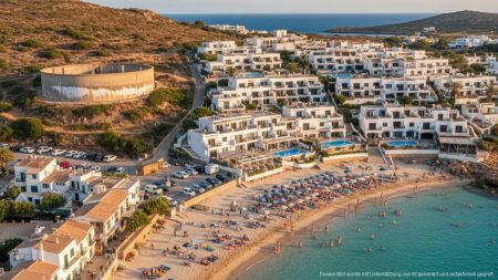 Baleares: Kritik an der Tourismuspolitik der Regierung Überfüllter Strand auf den Balearen mit vielen Ferienunterkünften und niedrigem Wasserstand in einem Reservoir, Symbol für Kritik an der Tourismuspolitik und Umweltfragen.