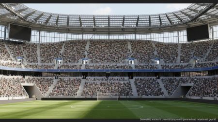 Fotorealistisches Bild eines modernen Fußballstadions bei Tageslicht mit neutralen Zuschauern im Fokus, das das Thema Verein und Fan-Debatten widerspiegelt