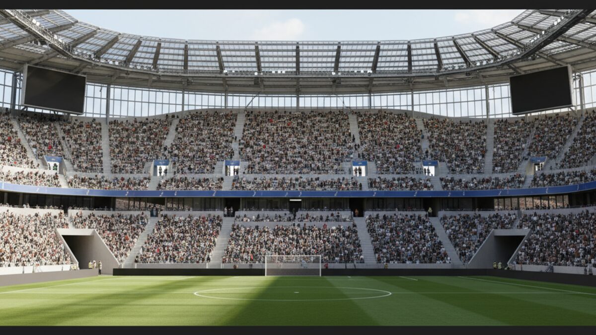 Fotorealistisches Bild eines modernen Fußballstadions bei Tageslicht mit neutralen Zuschauern im Fokus, das das Thema Verein und Fan-Debatten widerspiegelt