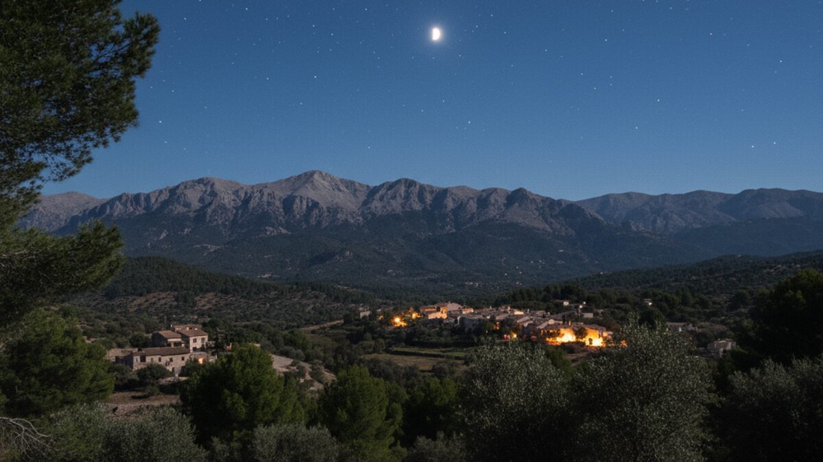 Nachtszene auf Mallorca mit kühlen Temperaturen und Blick auf das Tramuntana-Gebirge unter klarem Sternenhimmel