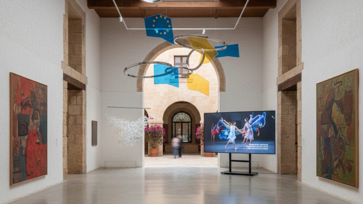 Moderne Kunstausstellung mit schwebenden Skulpturen, Glasinstallationen und audiovisuellen Kunstwerken im Fundació Pilar i Joan Miró während der Nit de l’Art in Palma
