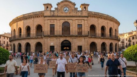 Außenansicht der Arena La Monumental in Muro auf Mallorca während eines Stierkampfevents mit friedlichen Protesten gegen Stierkampf und Hassrufe