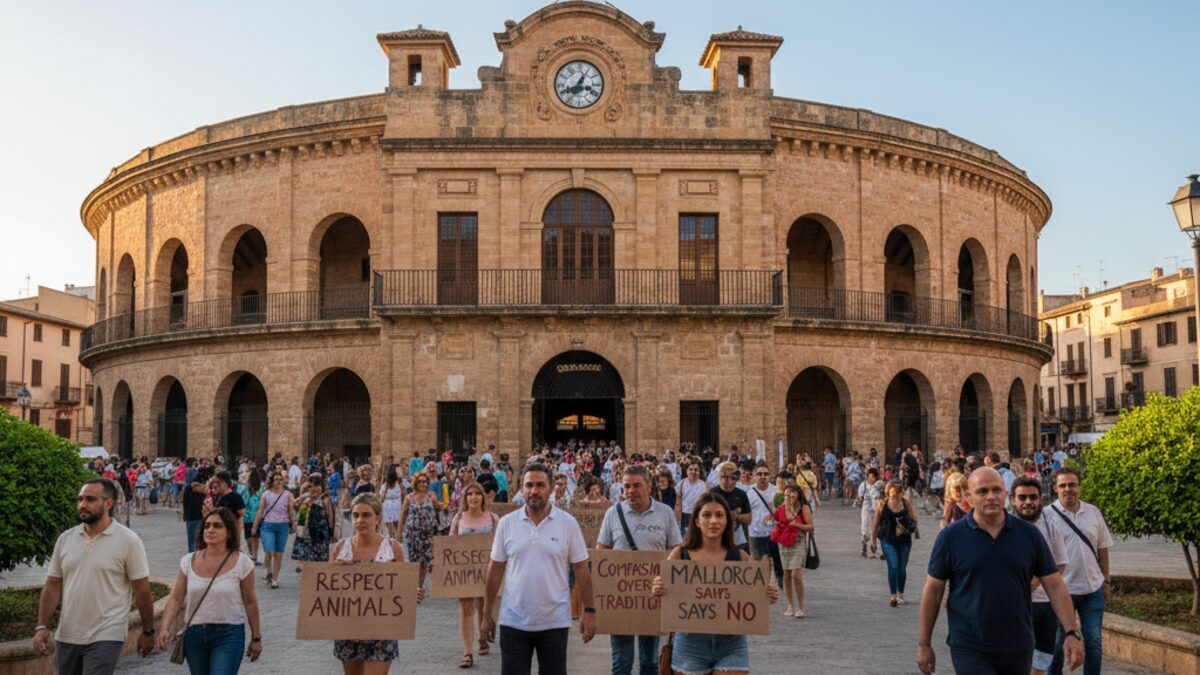 Außenansicht der Arena La Monumental in Muro auf Mallorca während eines Stierkampfevents mit friedlichen Protesten gegen Stierkampf und Hassrufe
