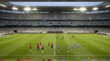 Blick auf das RCDE Stadium in Barcelona mit dem Spielfeld und Spielern von RCD Mallorca und RCD Espanyol beim Aufwärmen vor dem LaLiga-Spiel