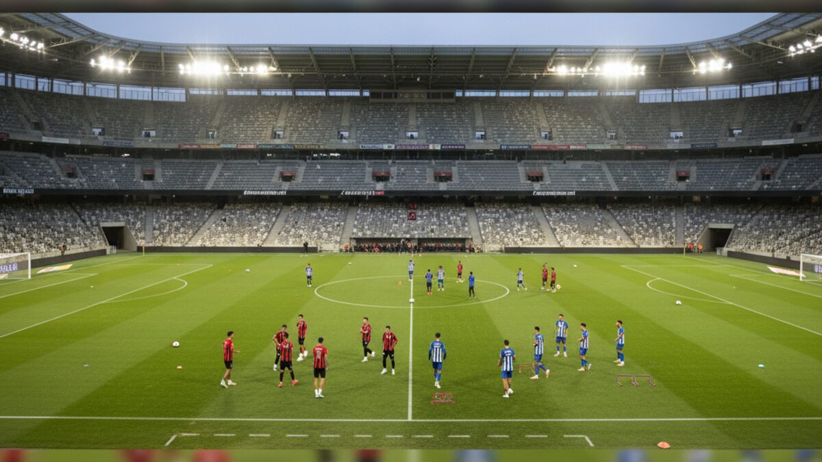 Blick auf das RCDE Stadium in Barcelona mit dem Spielfeld und Spielern von RCD Mallorca und RCD Espanyol beim Aufwärmen vor dem LaLiga-Spiel