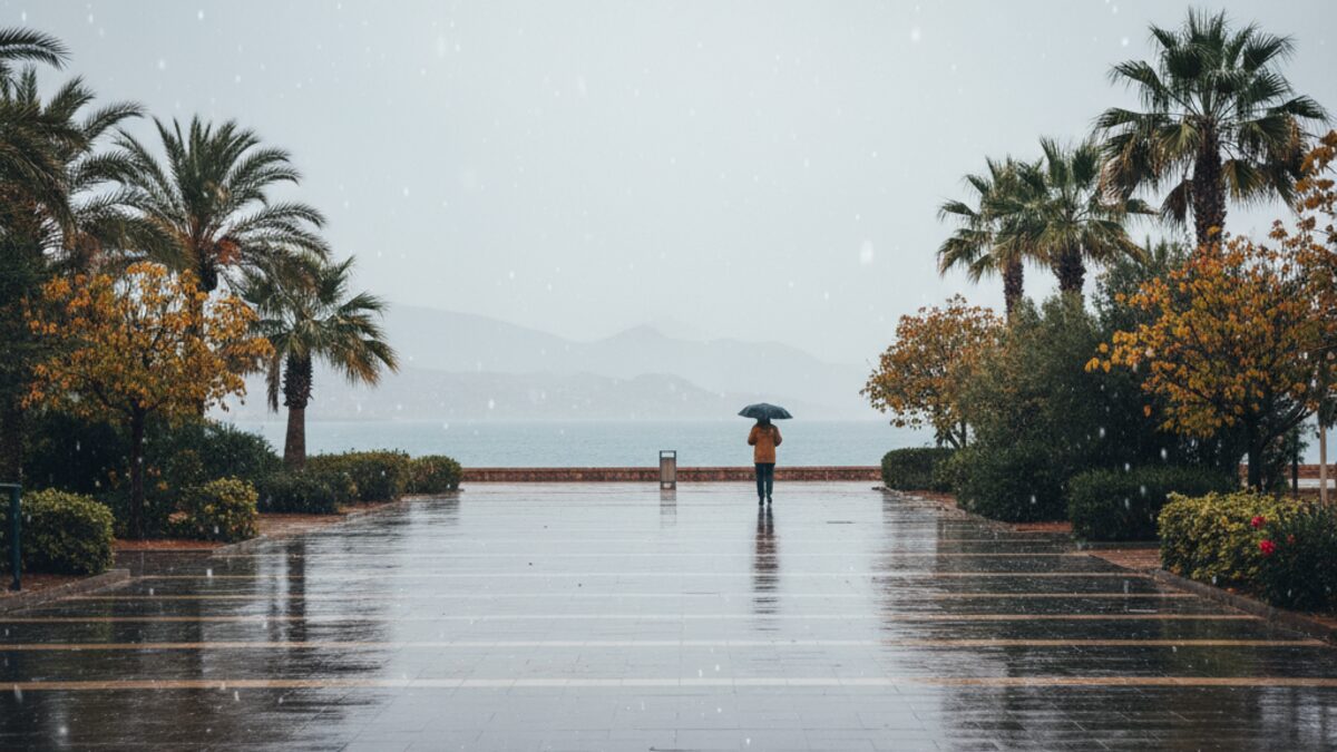 Milde Wetterbedingungen mit leichtem Regen und einer sanften herbstlichen Brise auf Mallorca an einer nassen Küstenpromenade mit mediterraner Vegetation.