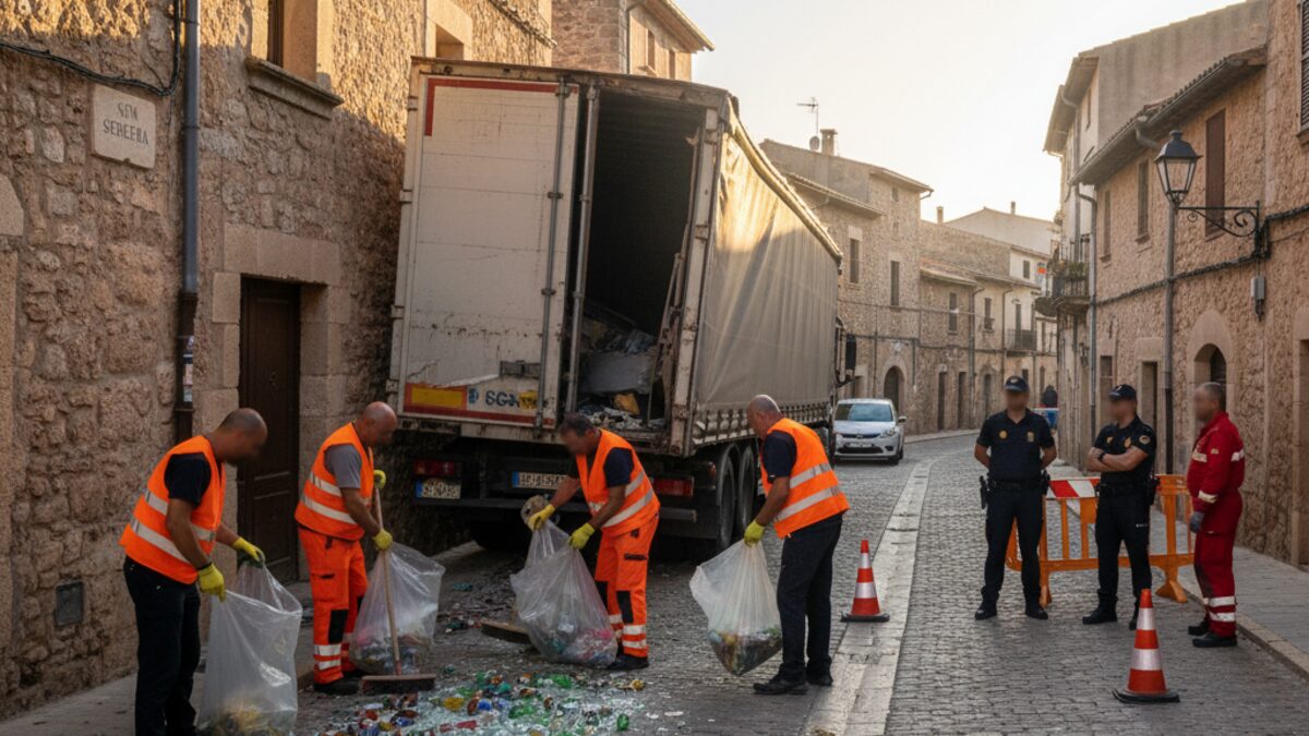 Ein festgefahrener LKW in einer engen Straße in Son Servera mit Glasscherben und Arbeitern in Warnwesten, die den Unfallort am frühen Morgen säubern.