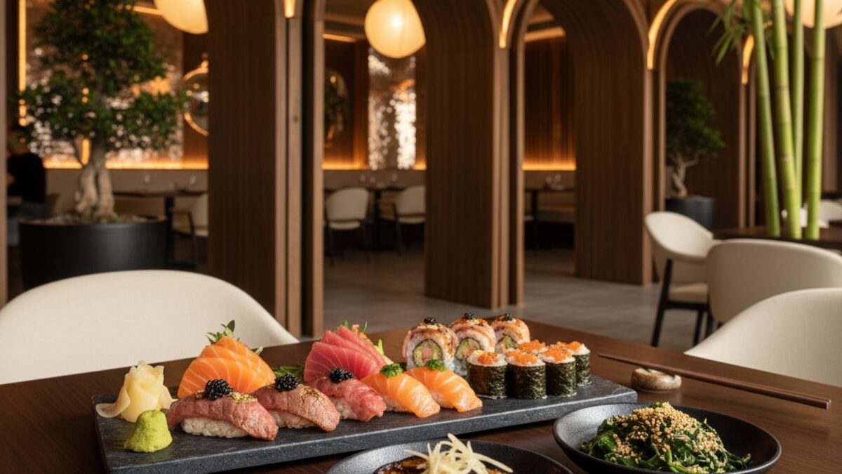 Luxuriös angerichtetes Wagyu-Sushi mit Kaviar und vegetarische japanische Gerichte im eleganten Restaurant ROKA in Palmas ehemaligem Pachá-Club auf Mallorca