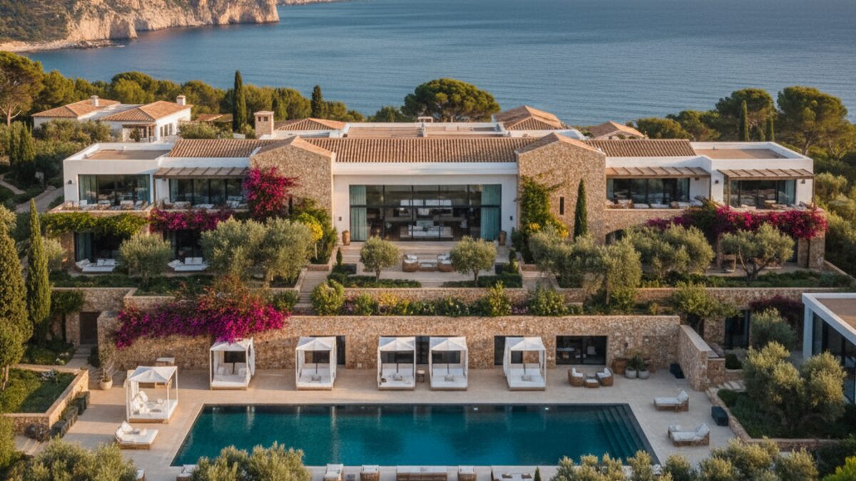 Das luxuriöse Four Seasons Resort Mallorca mit moderner mediterraner Architektur eingebettet in natürliche Landschaft und Blick auf das Mittelmeer