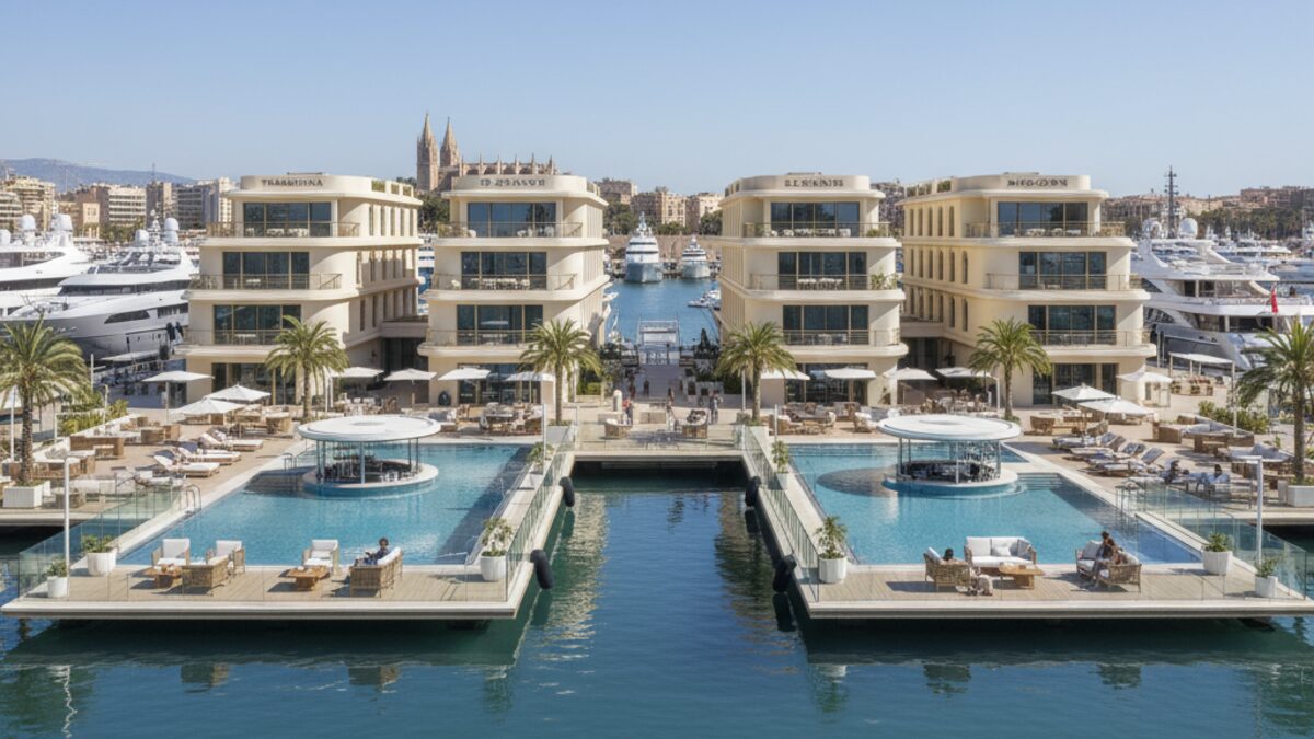 Luxushafenclub in Palma mit mehreren modernen Gebäuden, großen Yachten und offenen, hellen Bereichen in mediterraner Atmosphäre