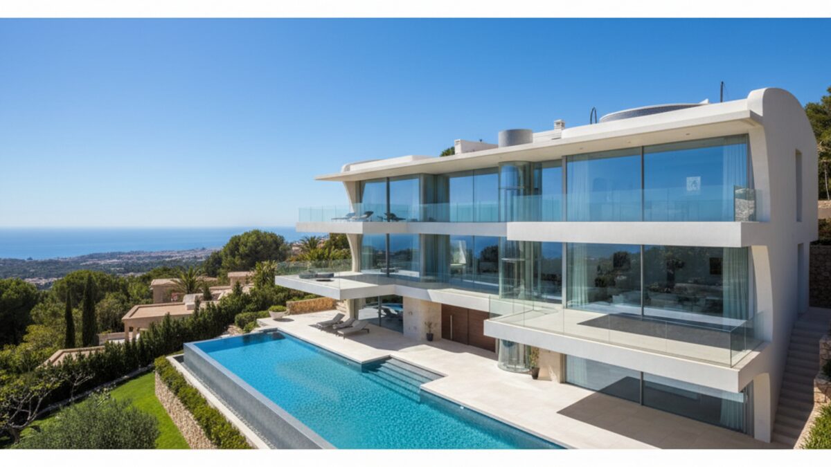 Die luxuriöse Villa Solitaire in Son Vida auf Mallorca mit moderner Architektur, zwei Pools und Panorama-Blick auf die Bucht von Palma