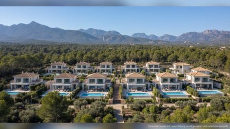 Moderne Luxusvillen mit privaten Pools in Peguera auf Mallorca vor den Bergen der Serra de Tramuntana
