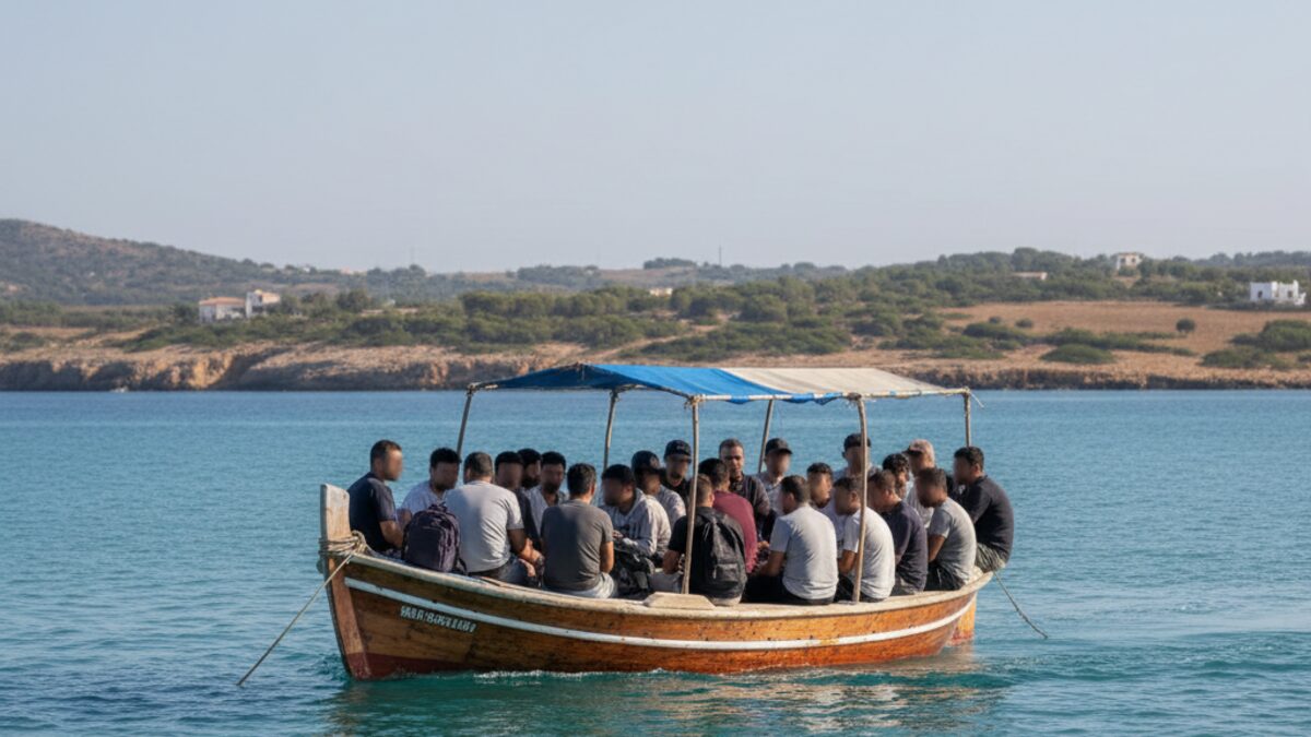 Traditionelles Holzboot mit Migranten auf ruhigem Mittelmeer vor der Küste der Balearischen Inseln
