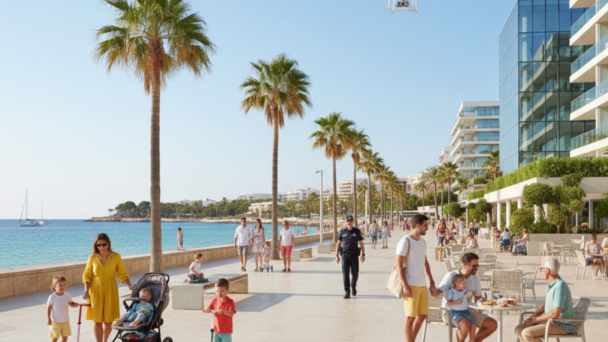 Magaluf Promenade bei Tageslicht mit Familien, Polizei und moderner Überwachung, die die Transformation zum familienfreundlichen Urlaubsort zeigt